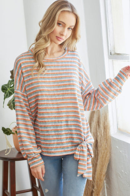 Striped Longsleeve Top With Ribbon - All Season Fashion