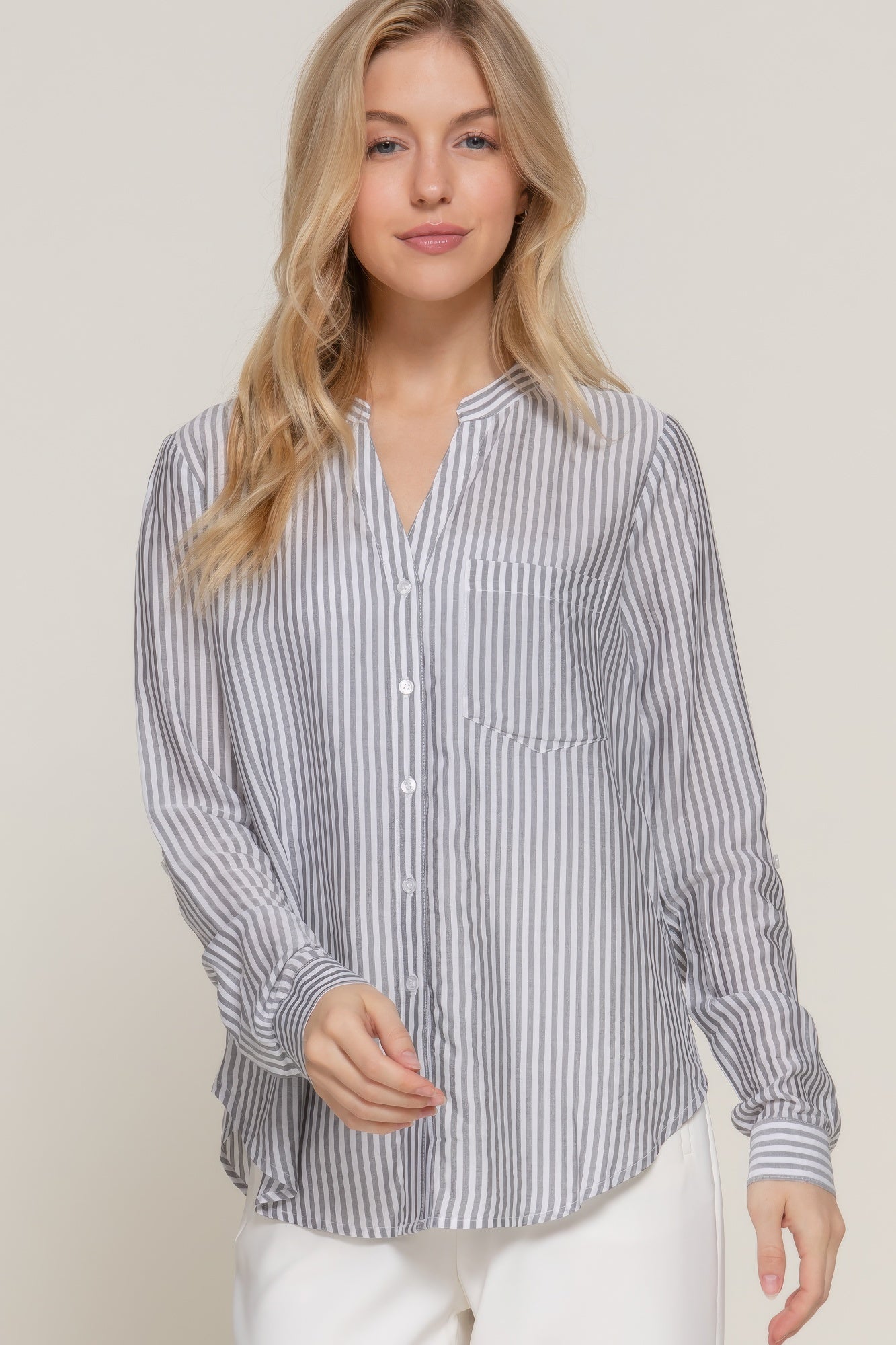 Long Slv Split Round Neck Stripe Woven Shirt - All Season Fashion
