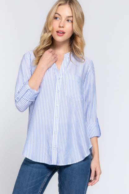 Long Slv Split Round Neck Stripe Woven Shirt - All Season Fashion
