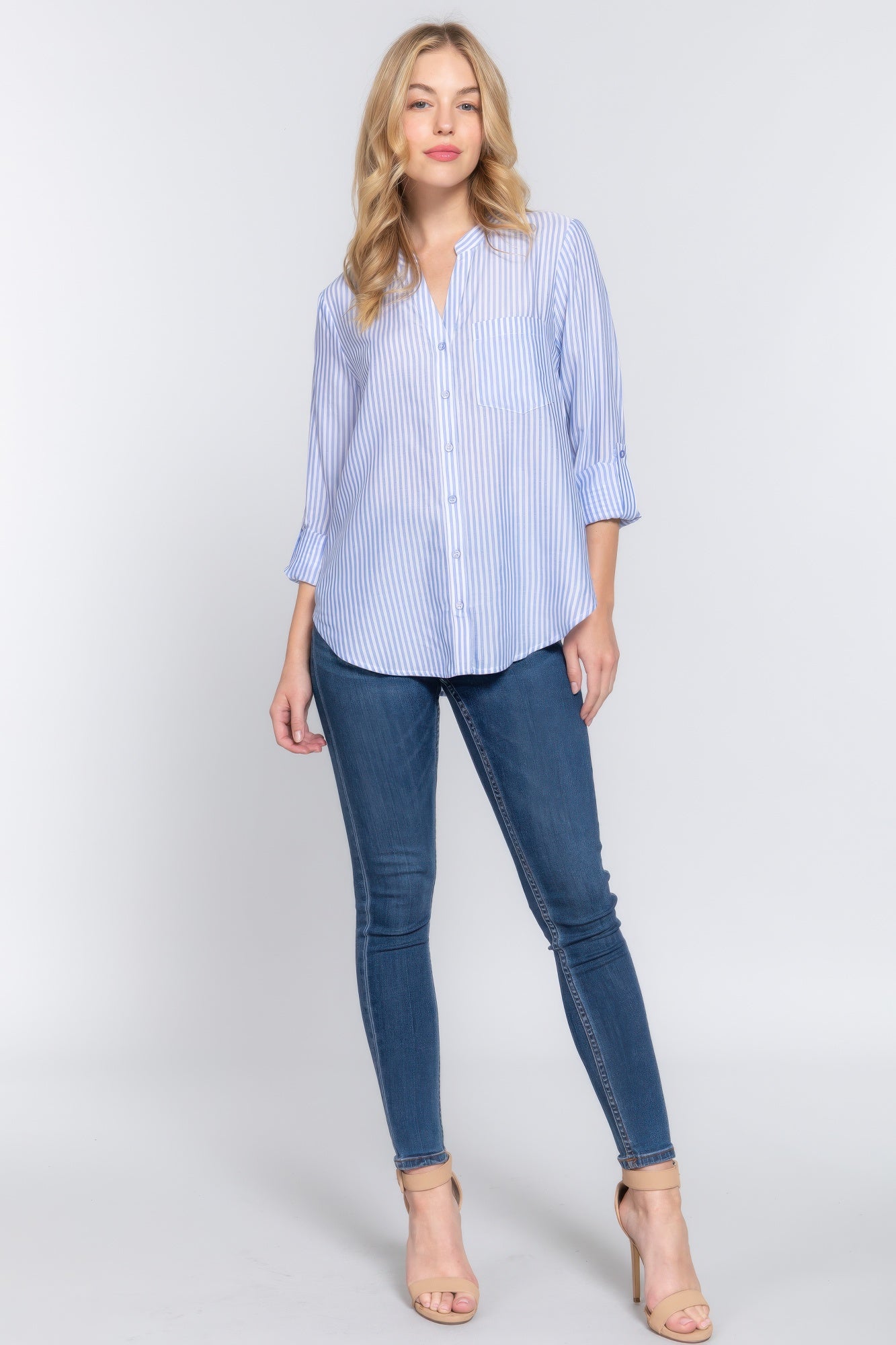 Long Slv Split Round Neck Stripe Woven Shirt - All Season Fashion