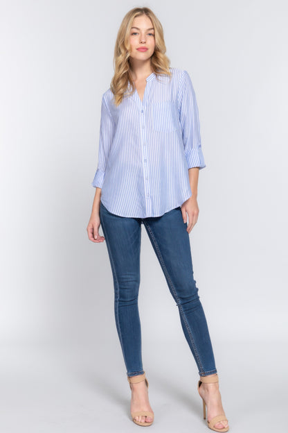 Long Slv Split Round Neck Stripe Woven Shirt - All Season Fashion