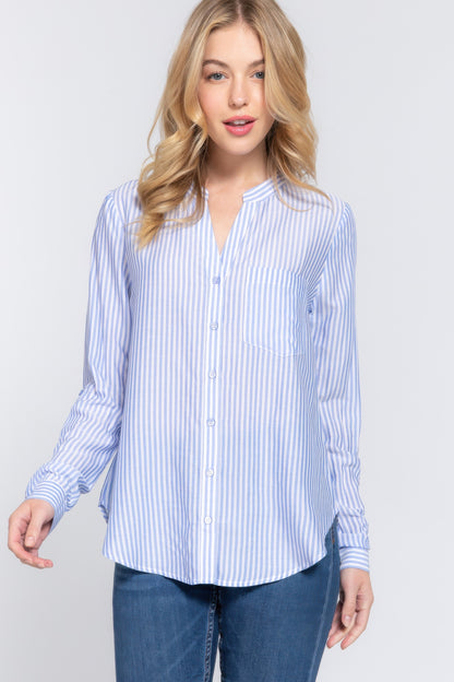 Long Slv Split Round Neck Stripe Woven Shirt - All Season Fashion