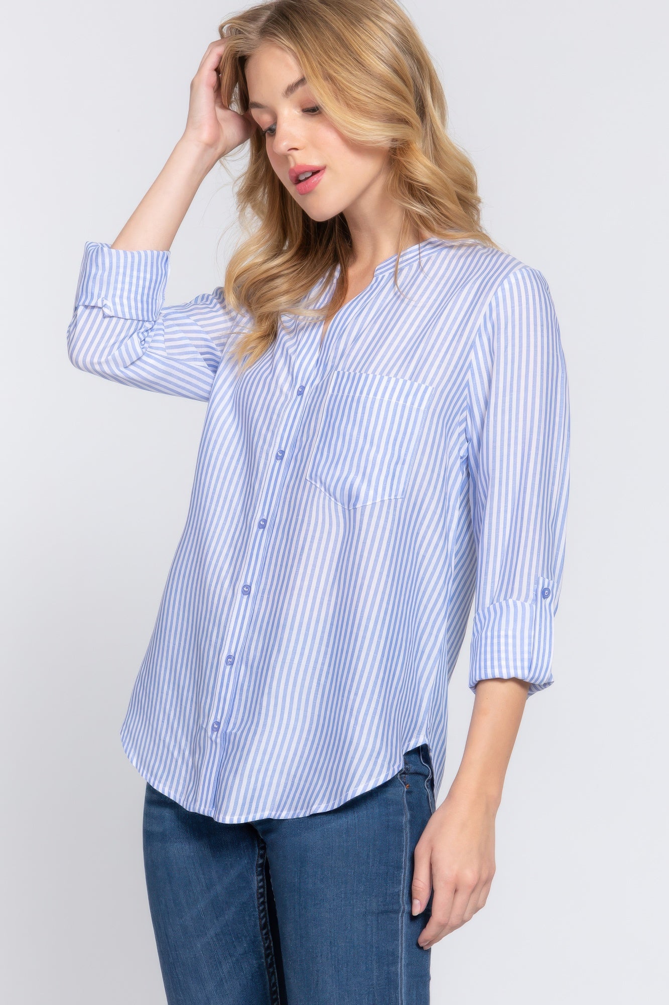 Long Slv Split Round Neck Stripe Woven Shirt - All Season Fashion