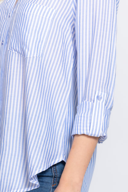 Long Slv Split Round Neck Stripe Woven Shirt - All Season Fashion