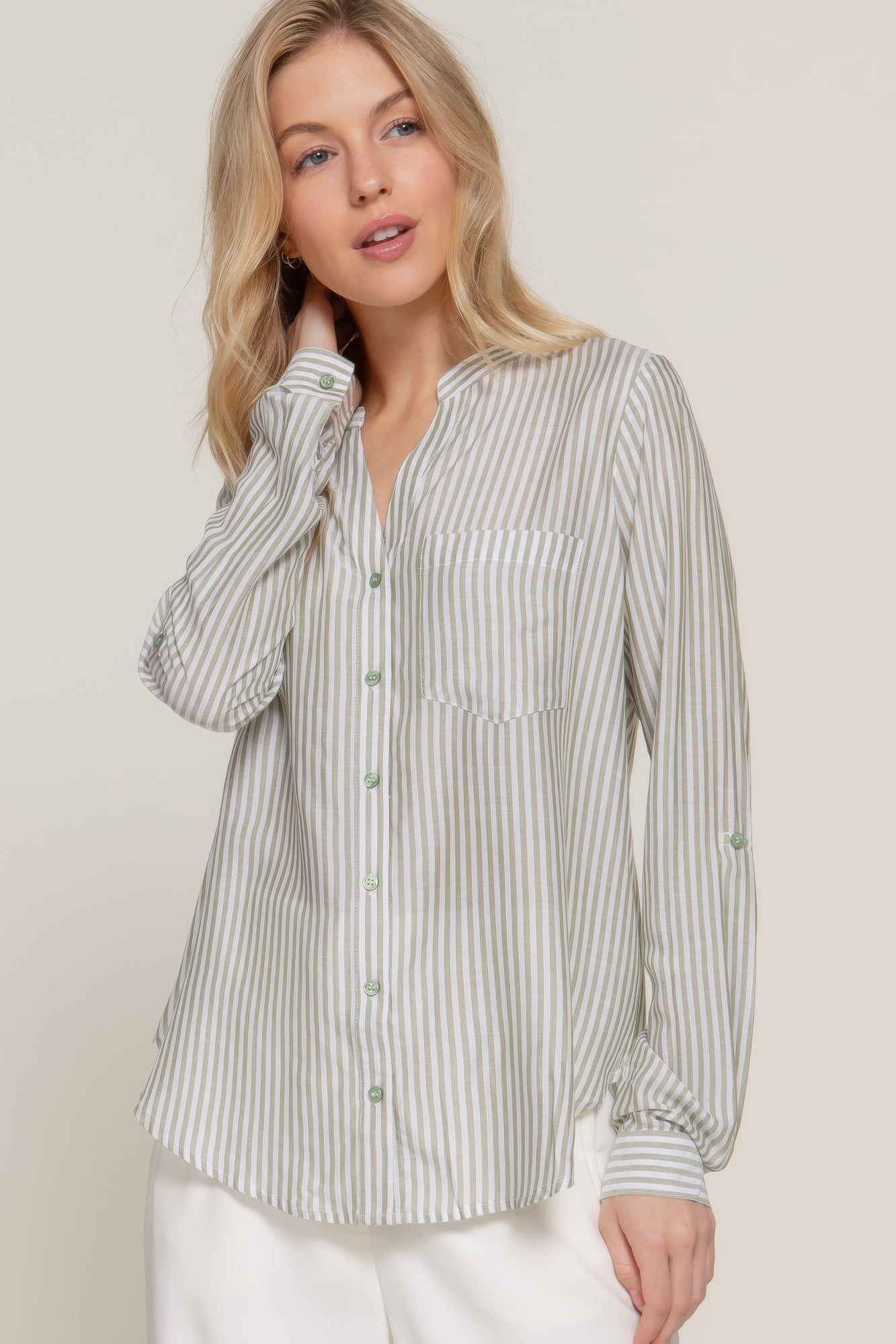 Long Slv Split Round Neck Stripe Woven Shirt - All Season Fashion