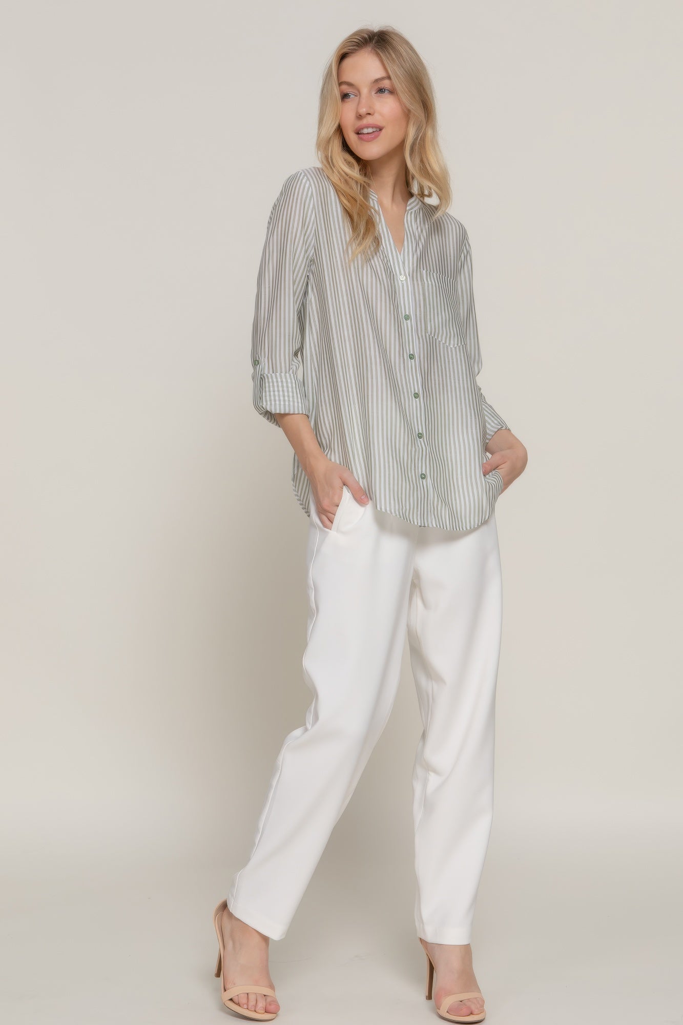 Long Slv Split Round Neck Stripe Woven Shirt - All Season Fashion