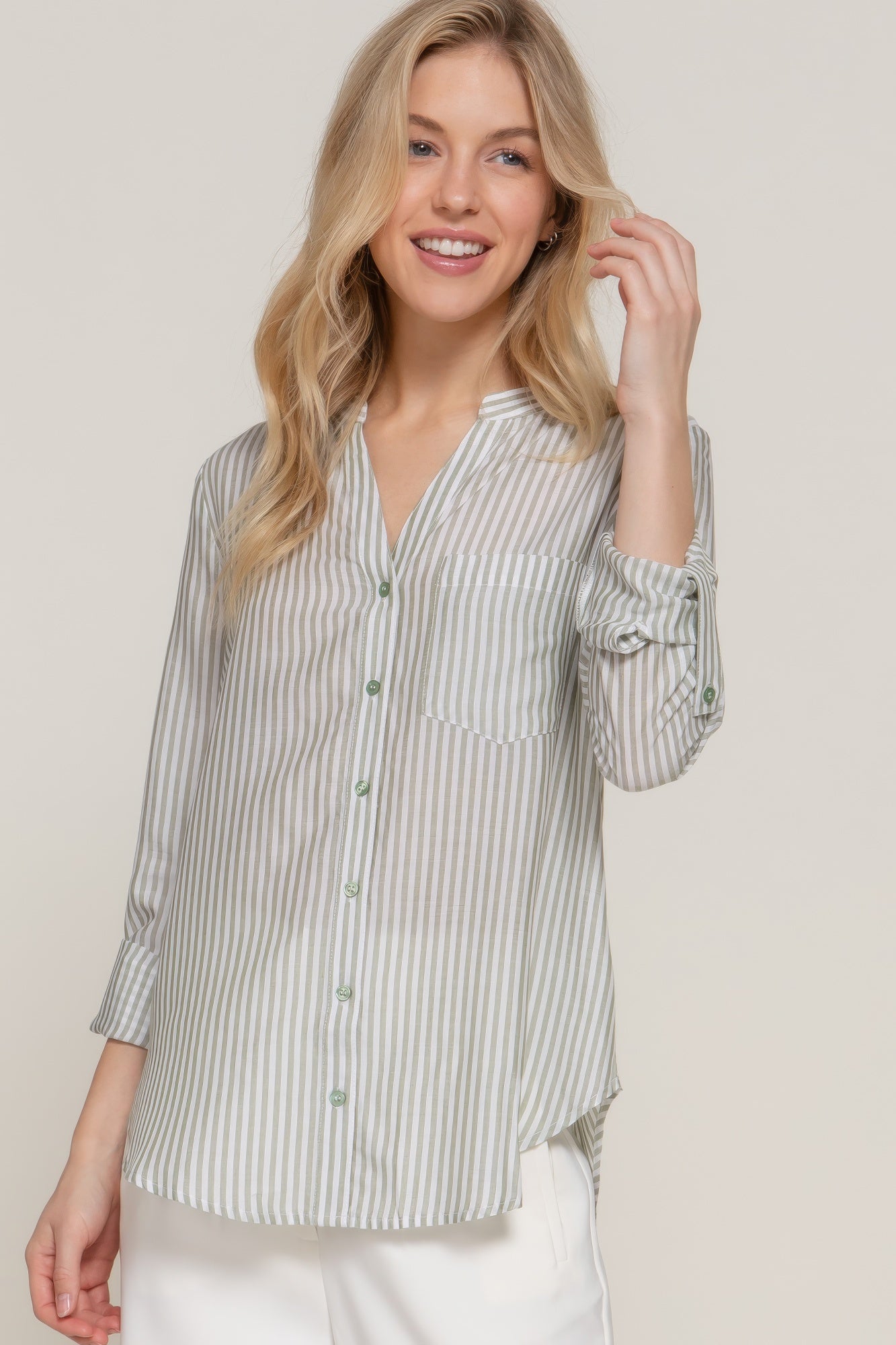 Long Slv Split Round Neck Stripe Woven Shirt - All Season Fashion