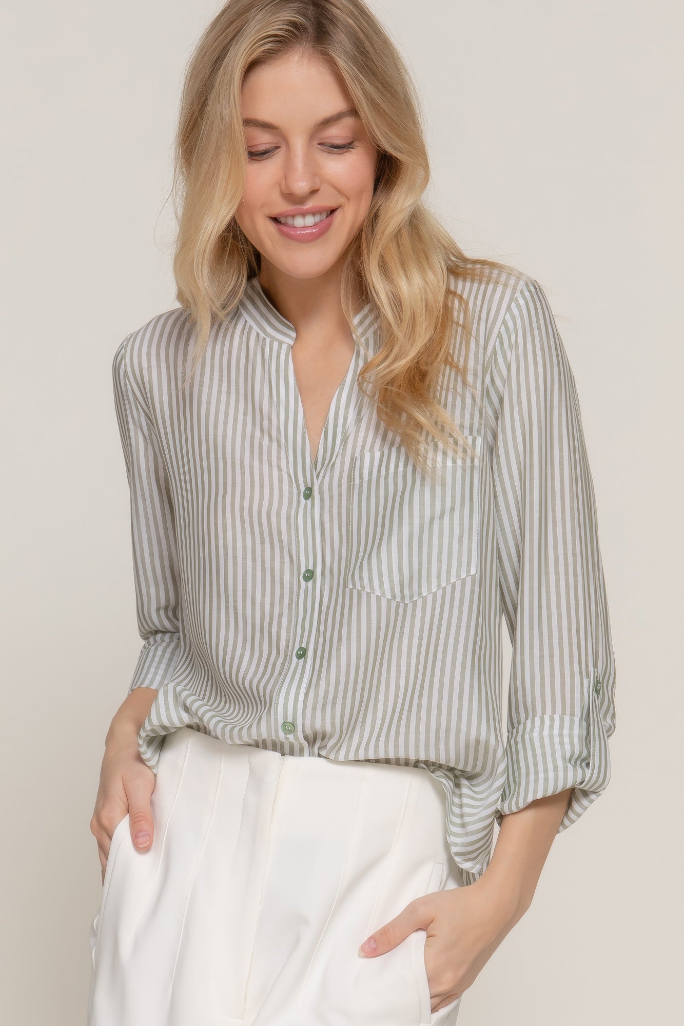 Long Slv Split Round Neck Stripe Woven Shirt - All Season Fashion