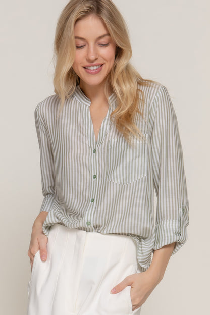Long Slv Split Round Neck Stripe Woven Shirt - All Season Fashion