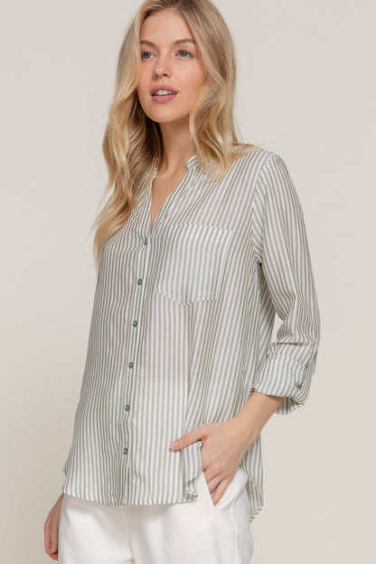 Long Slv Split Round Neck Stripe Woven Shirt - All Season Fashion