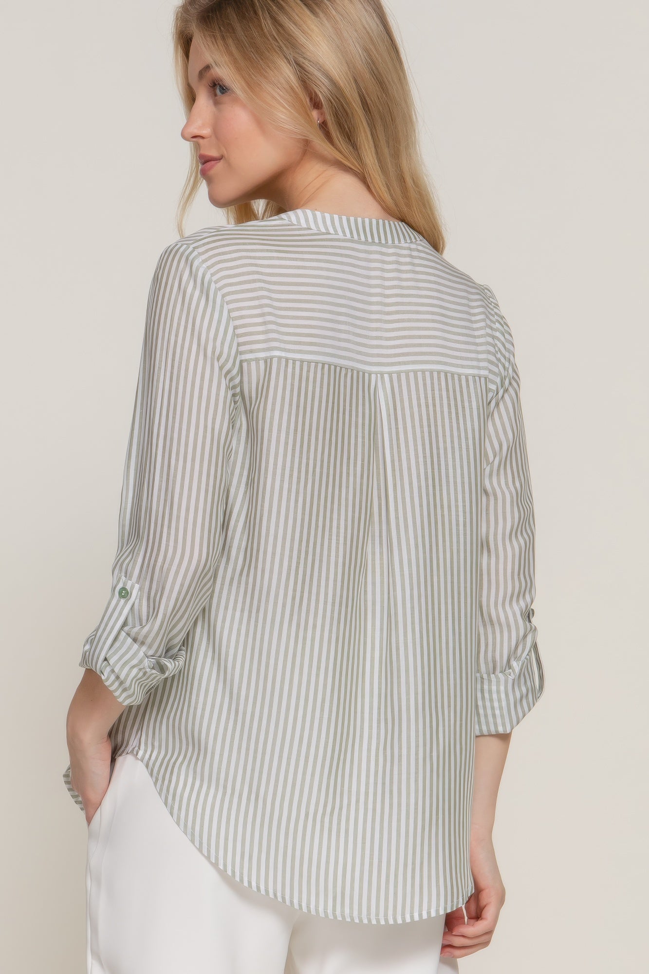 Long Slv Split Round Neck Stripe Woven Shirt - All Season Fashion