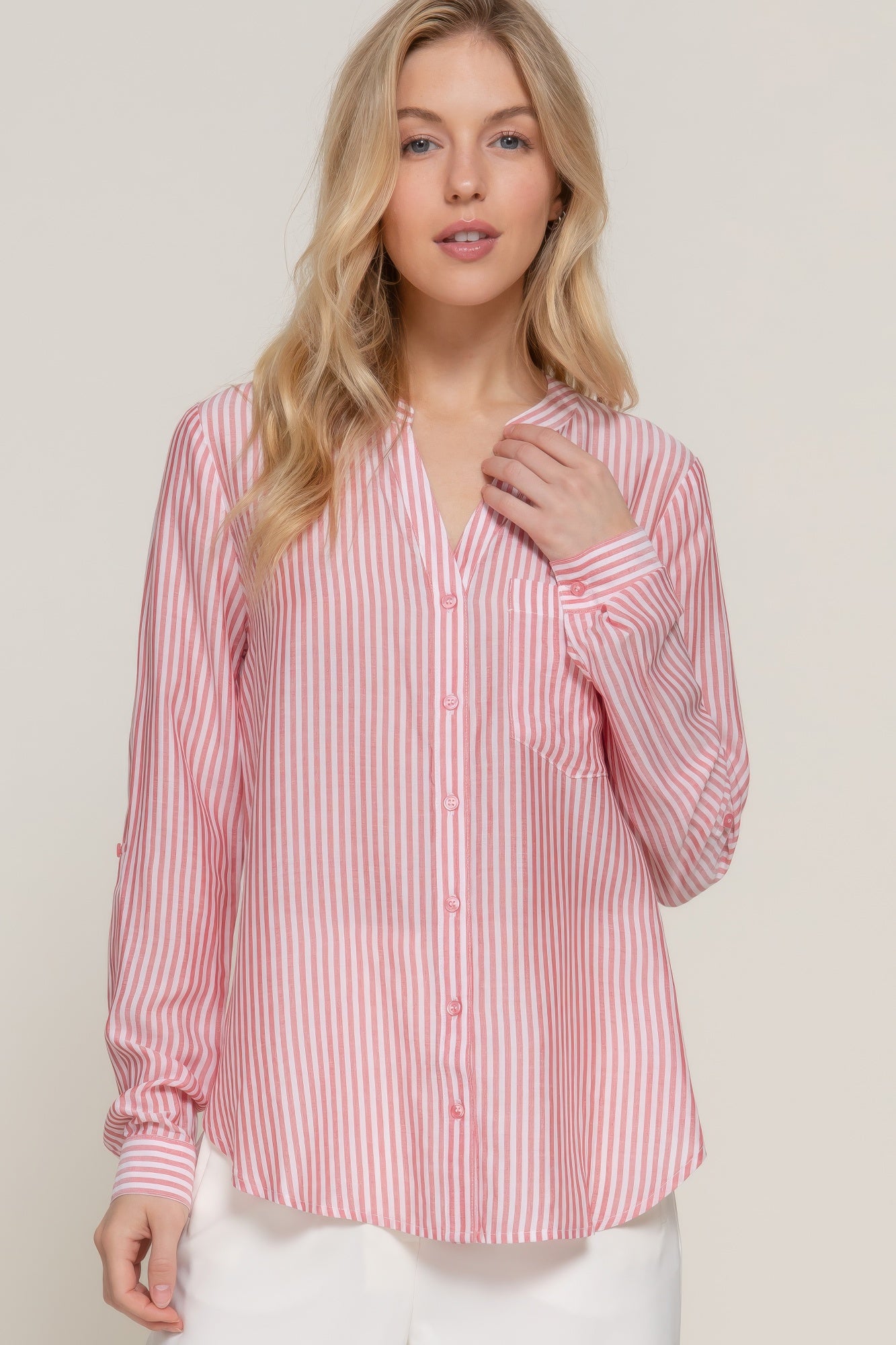 Long Slv Split Round Neck Stripe Woven Shirt - All Season Fashion