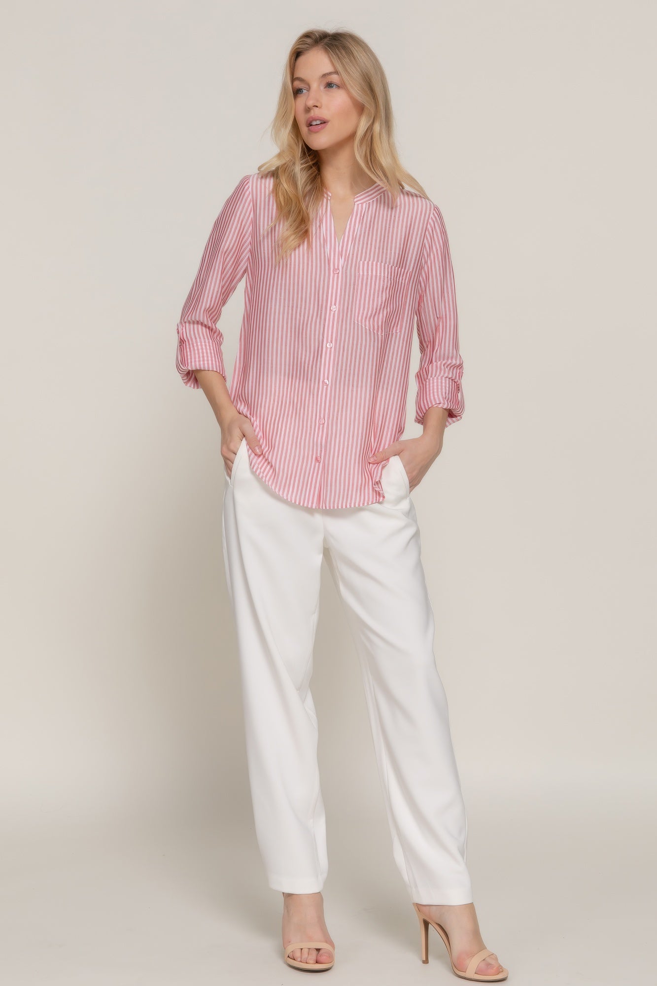 Long Slv Split Round Neck Stripe Woven Shirt - All Season Fashion