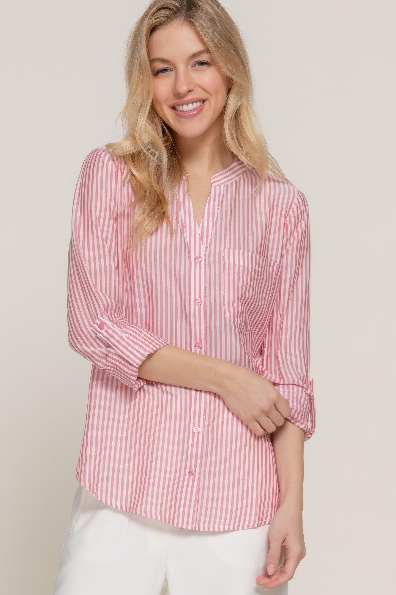 Long Slv Split Round Neck Stripe Woven Shirt - All Season Fashion