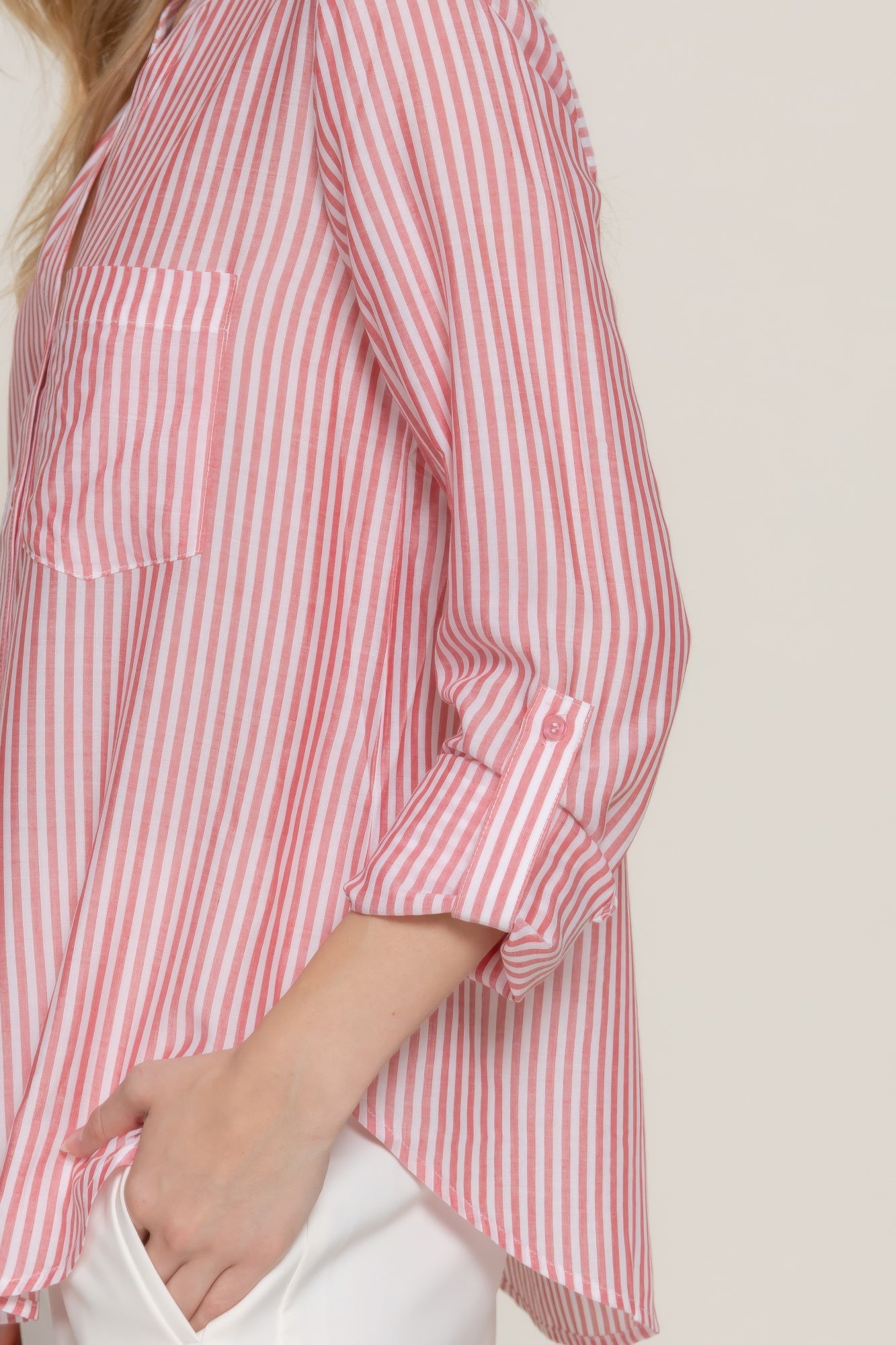 Long Slv Split Round Neck Stripe Woven Shirt - All Season Fashion