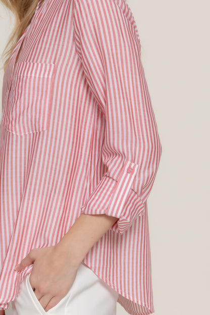 Long Slv Split Round Neck Stripe Woven Shirt - All Season Fashion