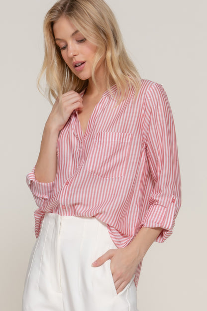 Long Slv Split Round Neck Stripe Woven Shirt - All Season Fashion
