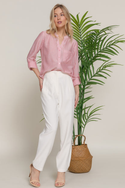 Long Slv Split Round Neck Stripe Woven Shirt - All Season Fashion