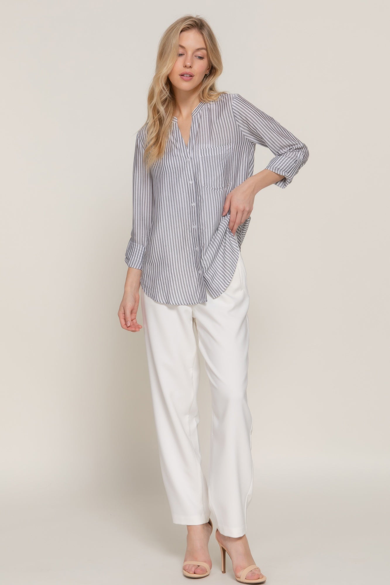 Long Slv Split Round Neck Stripe Woven Shirt - All Season Fashion