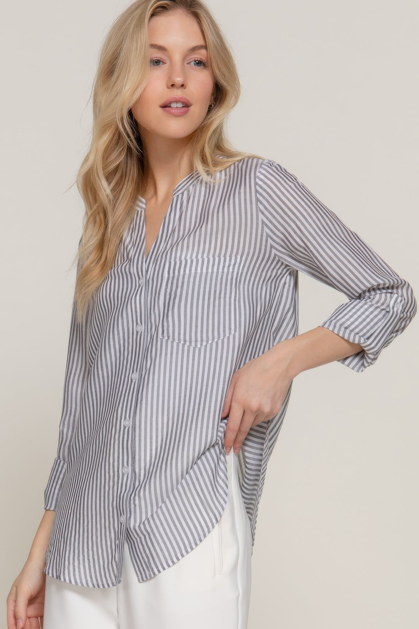 Long Slv Split Round Neck Stripe Woven Shirt - All Season Fashion