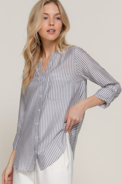 Long Slv Split Round Neck Stripe Woven Shirt - All Season Fashion