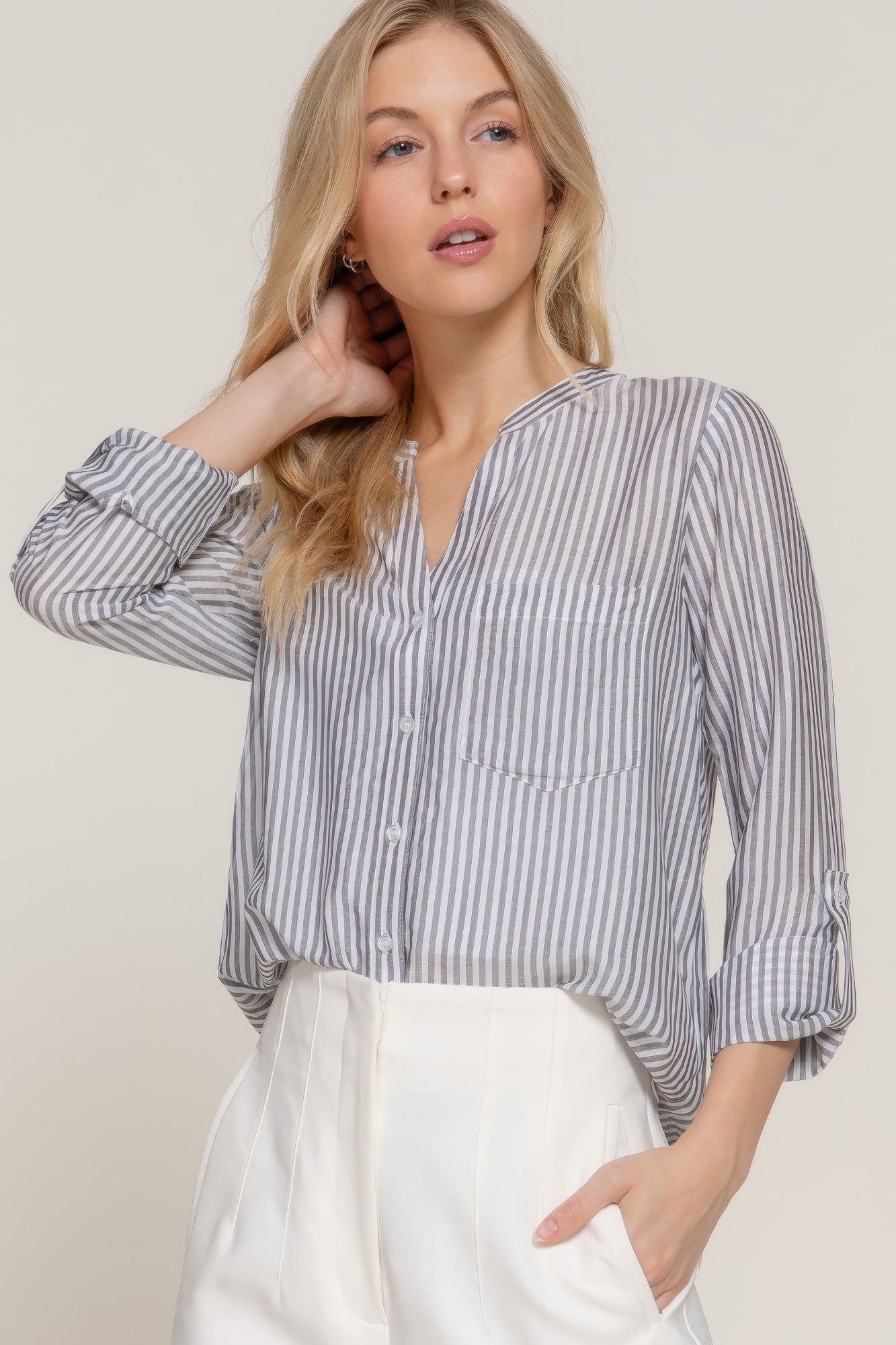 Long Slv Split Round Neck Stripe Woven Shirt - All Season Fashion