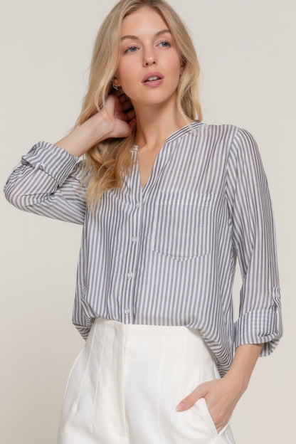 Long Slv Split Round Neck Stripe Woven Shirt - All Season Fashion