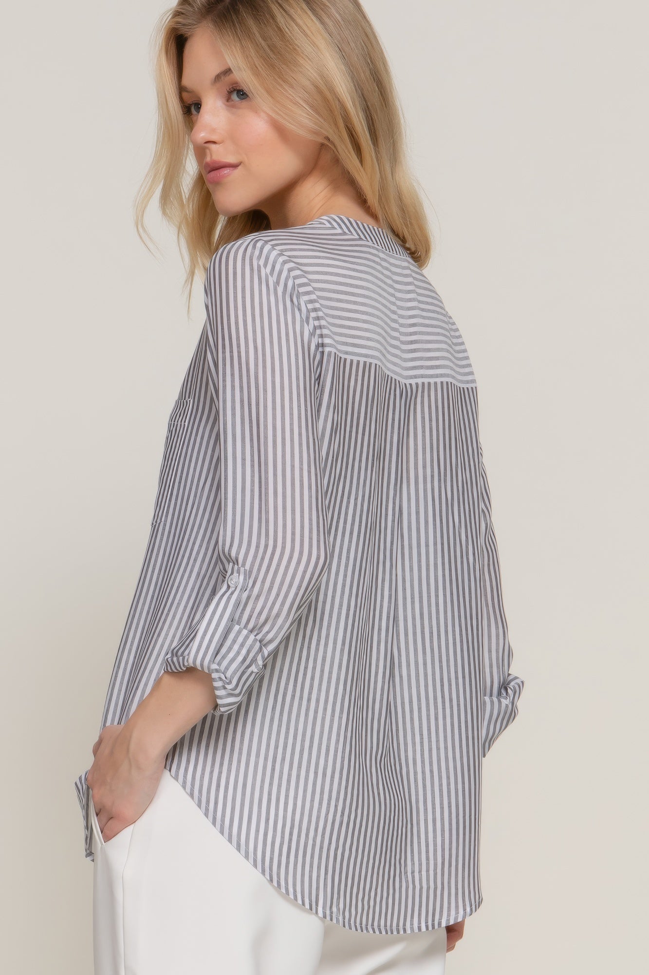 Long Slv Split Round Neck Stripe Woven Shirt - All Season Fashion