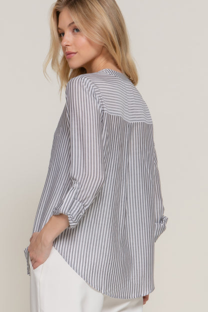 Long Slv Split Round Neck Stripe Woven Shirt - All Season Fashion
