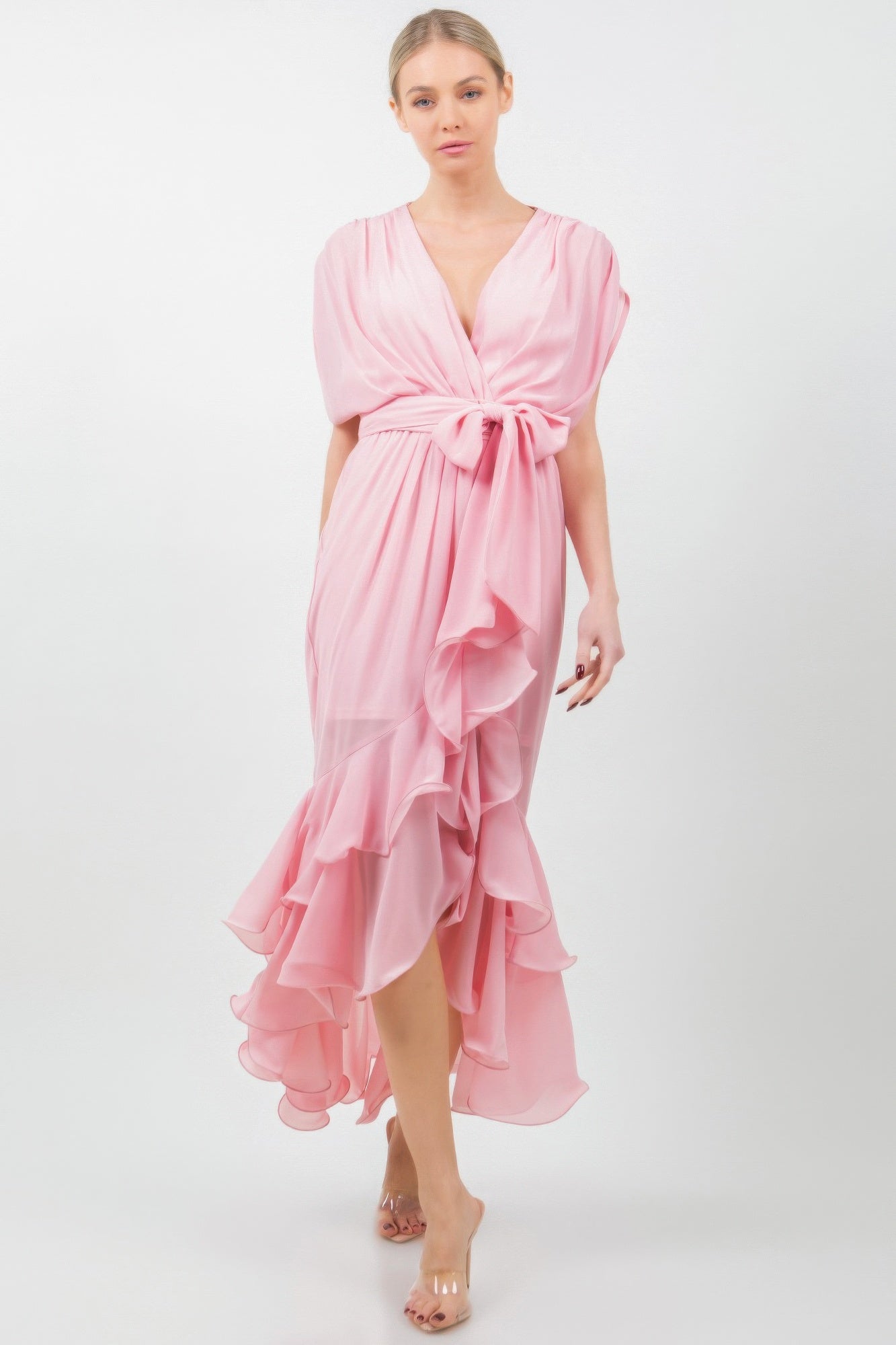 Solid Tie Waist Ruffle Midi Dress - All Season Fashion