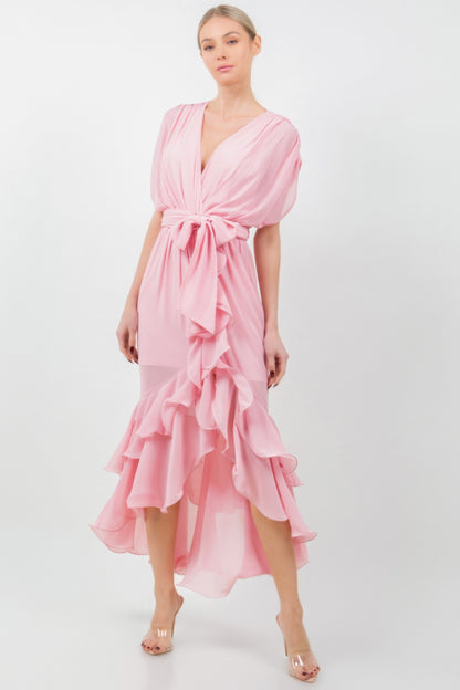 Solid Tie Waist Ruffle Midi Dress - All Season Fashion