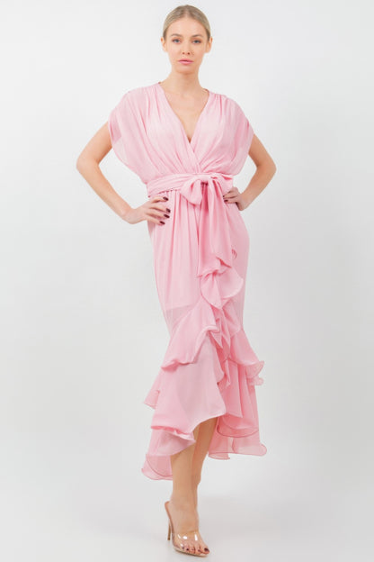 Solid Tie Waist Ruffle Midi Dress - All Season Fashion