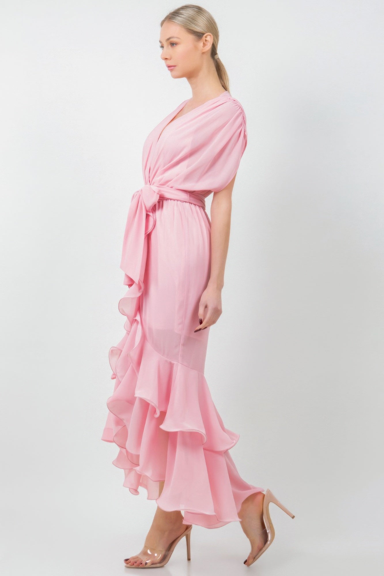 Solid Tie Waist Ruffle Midi Dress - All Season Fashion