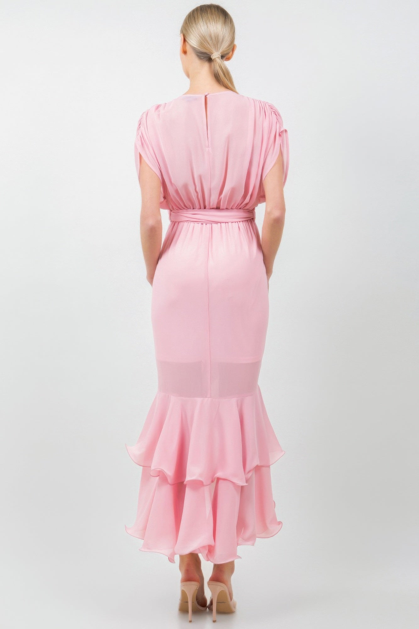 Solid Tie Waist Ruffle Midi Dress - All Season Fashion