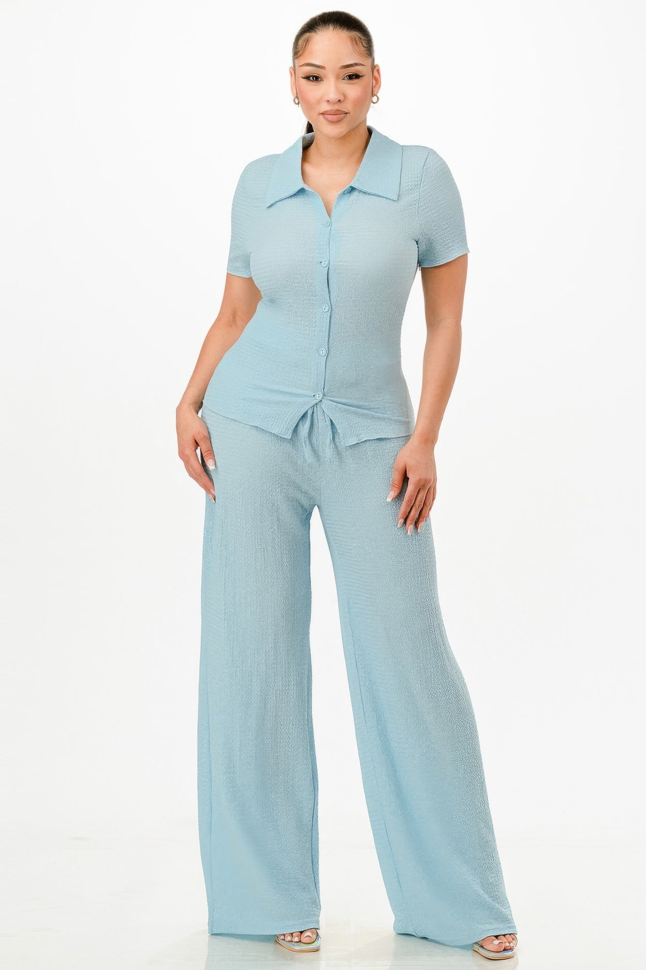 Textured Polo Top And Pants Set - All Season Fashion