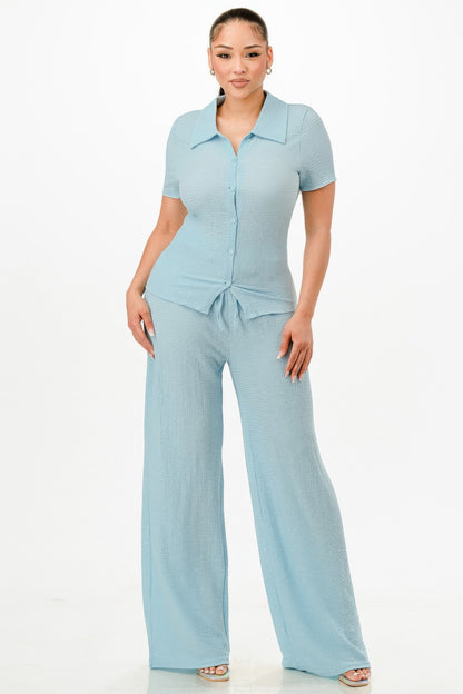 Textured Polo Top And Pants Set - All Season Fashion