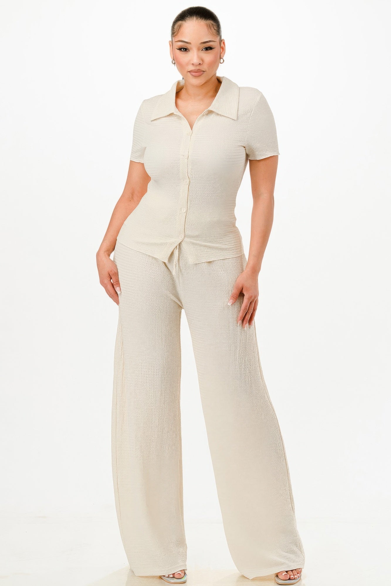 Textured Polo Top And Pants Set - All Season Fashion