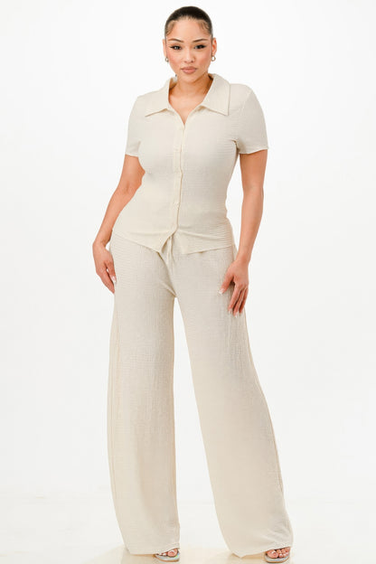 Textured Polo Top And Pants Set - All Season Fashion