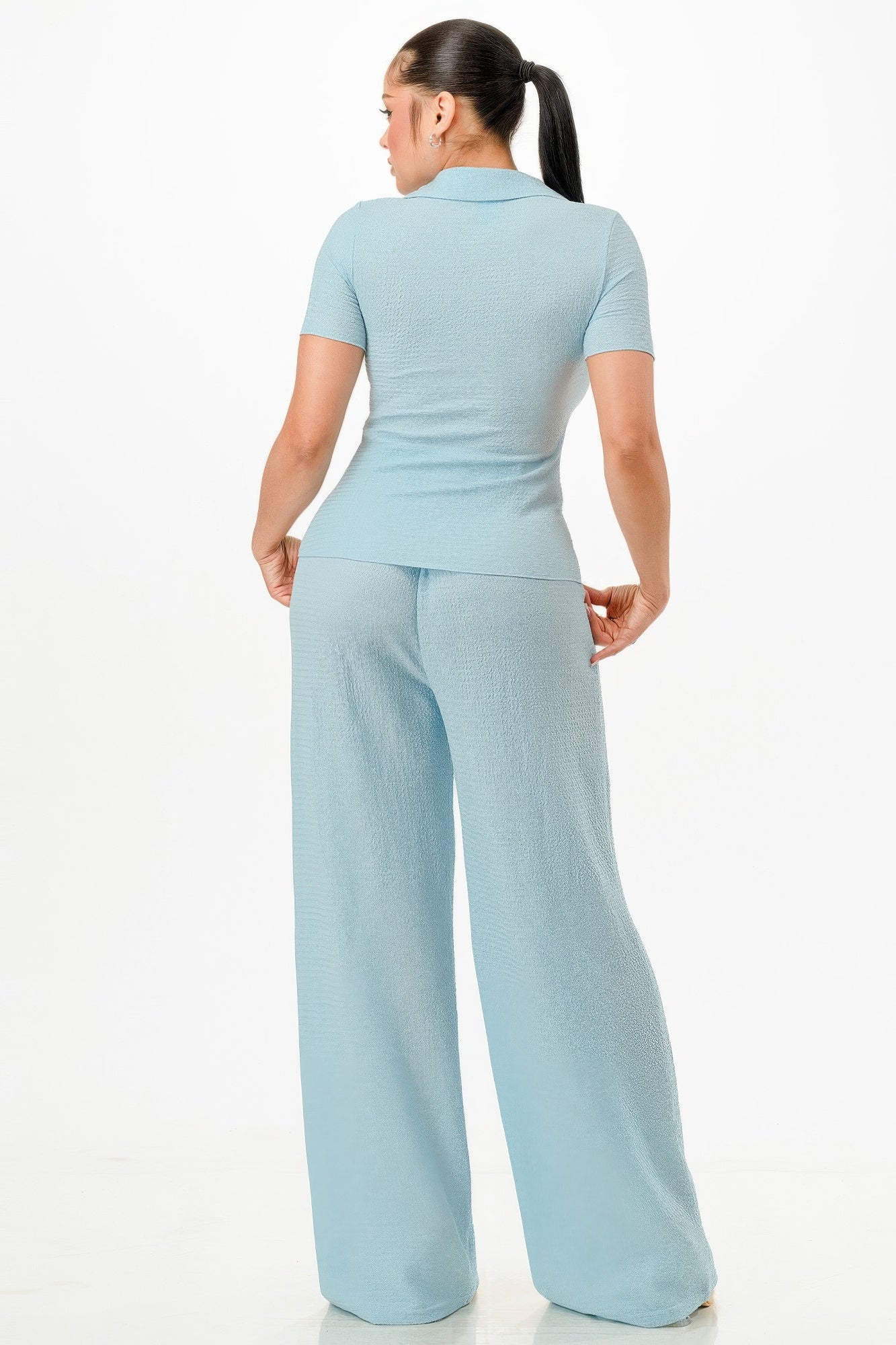 Textured Polo Top And Pants Set - All Season Fashion