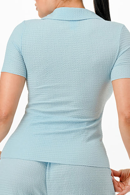 Textured Polo Top And Pants Set - All Season Fashion