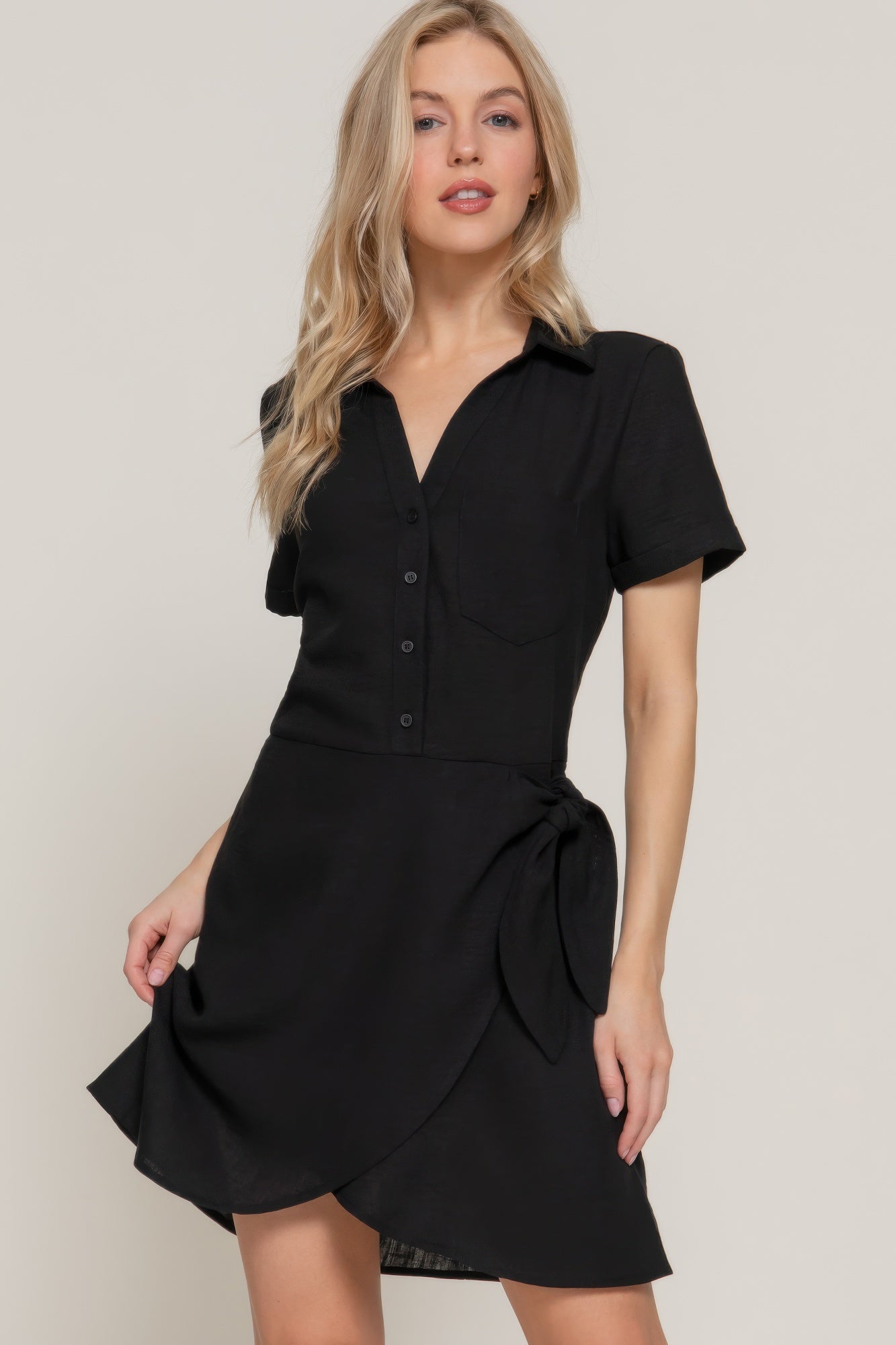 Button Down Side Bow Linen Effect Mini Dress - All Season Fashion