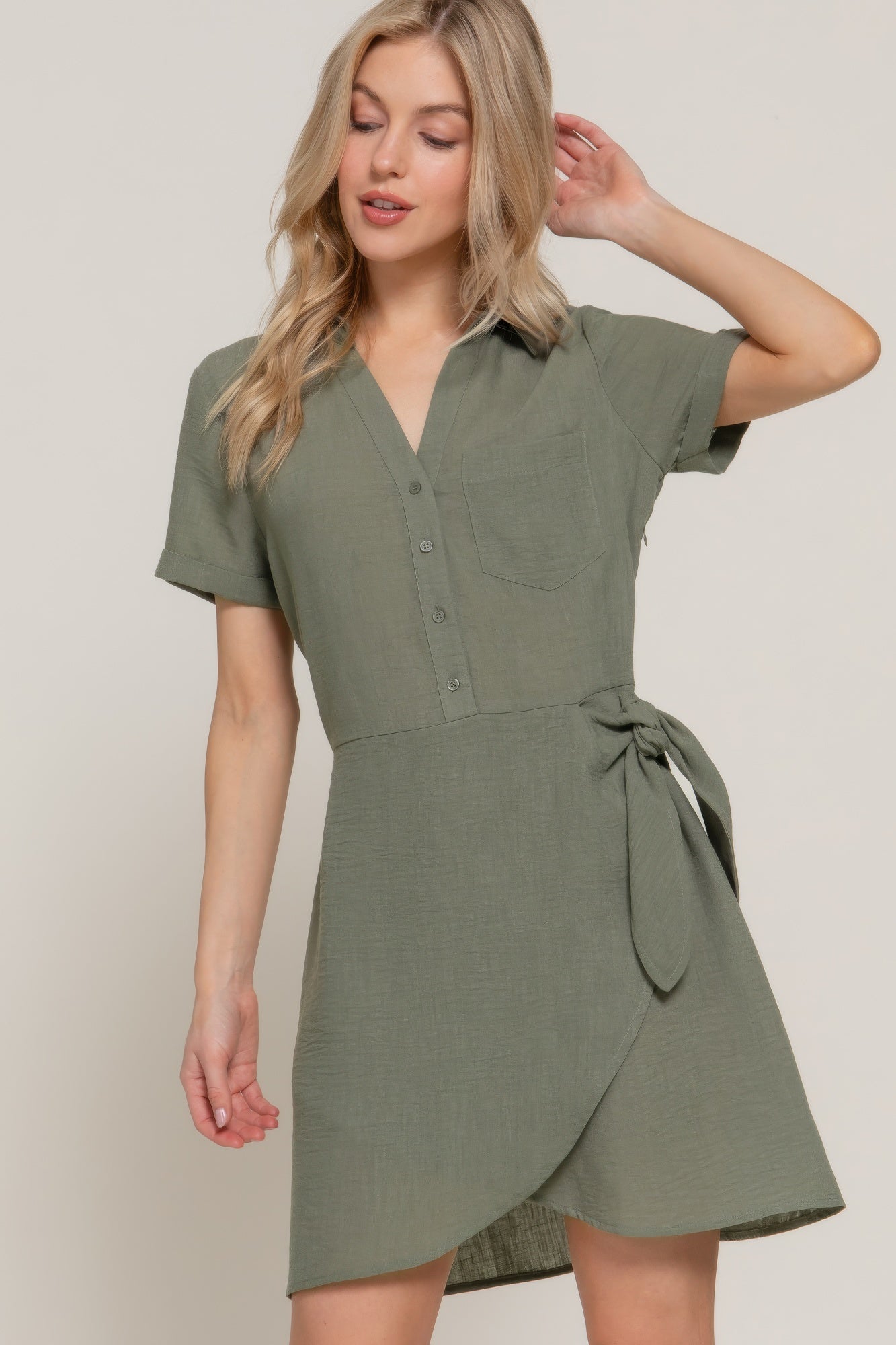 Button Down Side Bow Linen Effect Mini Dress - All Season Fashion