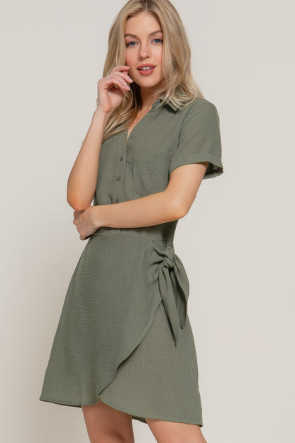 Button Down Side Bow Linen Effect Mini Dress - All Season Fashion