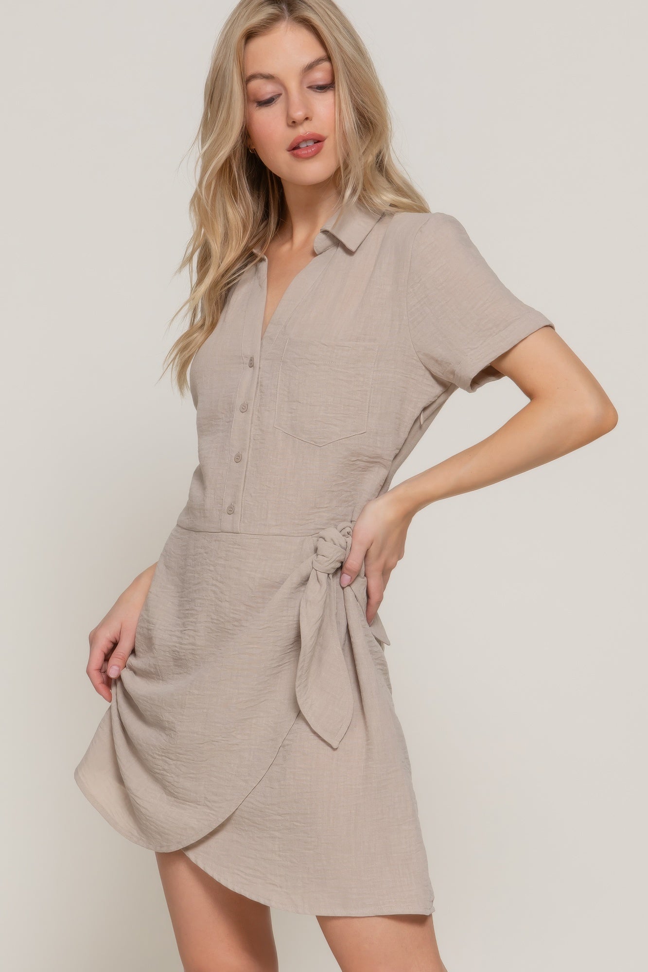 Button Down Side Bow Linen Effect Mini Dress - All Season Fashion