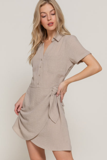 Button Down Side Bow Linen Effect Mini Dress - All Season Fashion