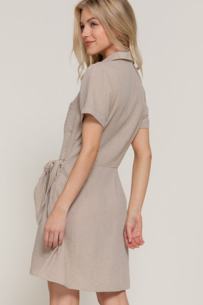 Button Down Side Bow Linen Effect Mini Dress - All Season Fashion