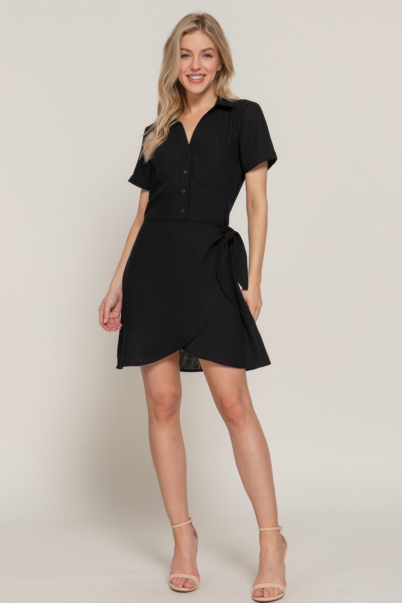 Button Down Side Bow Linen Effect Mini Dress - All Season Fashion