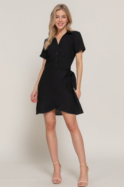 Button Down Side Bow Linen Effect Mini Dress - All Season Fashion