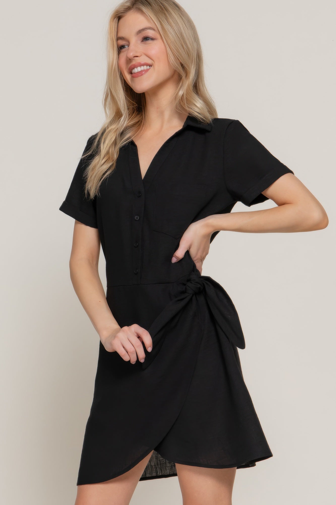 Button Down Side Bow Linen Effect Mini Dress - All Season Fashion