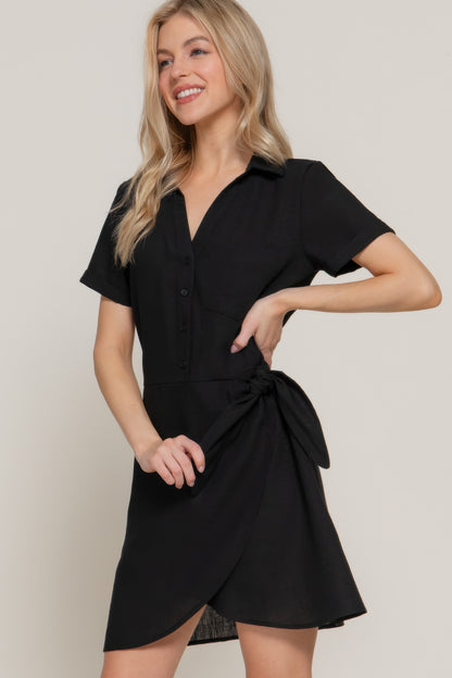 Button Down Side Bow Linen Effect Mini Dress - All Season Fashion